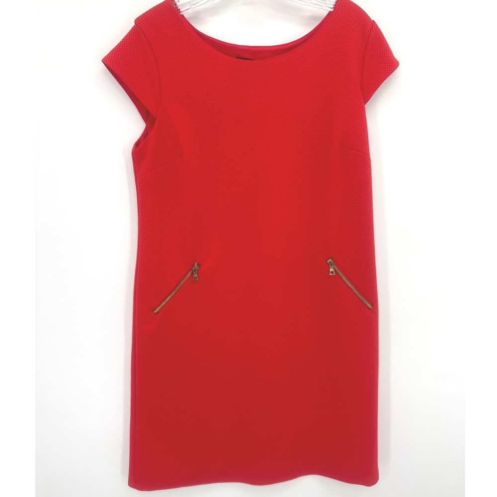 Chetta B Red Textured Honeycomb Knit Sheath Dress Size 10 Cap Sleeve Zip Pockets